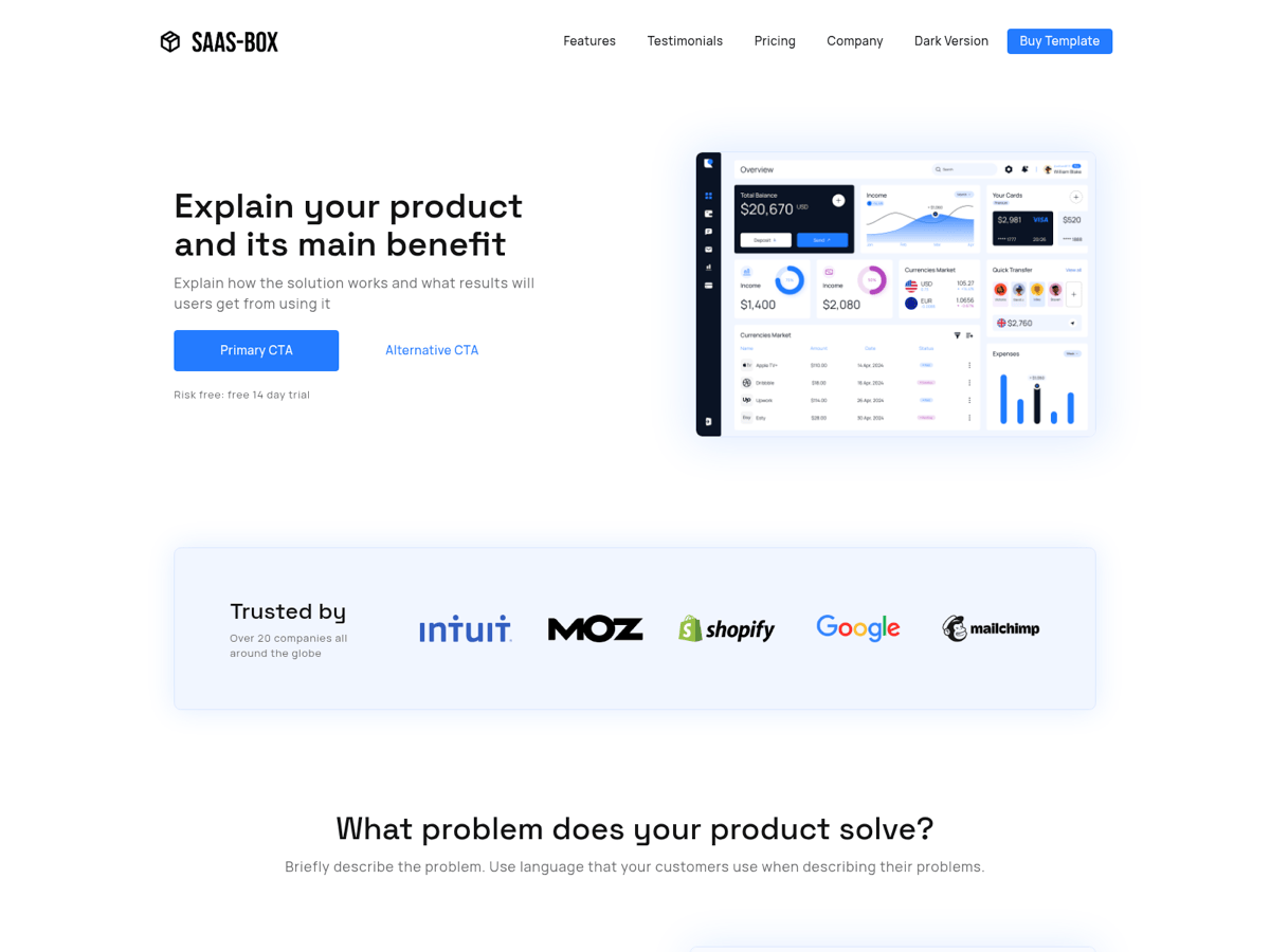Screenshot of Carrd template SaaS Box