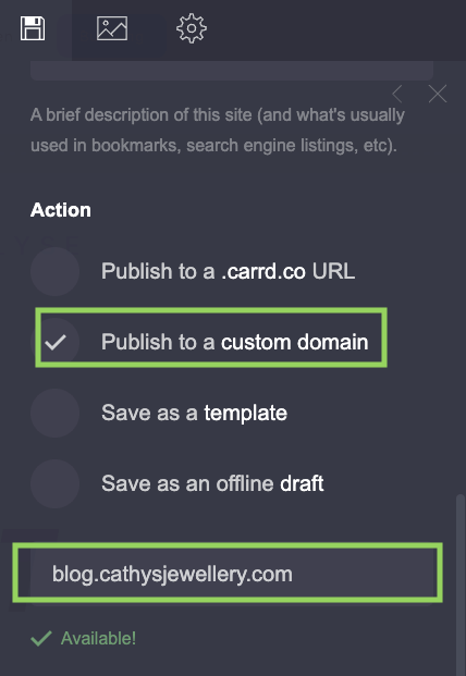 Carrd subdomain publish options