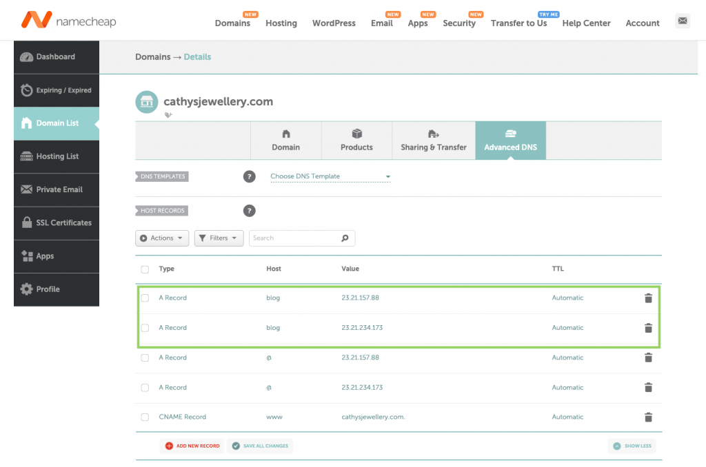 Subdomain connected to Carrd Namecheap settings