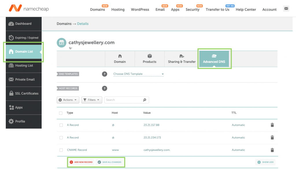 Namecheap settings to connect Carrd to subdomain