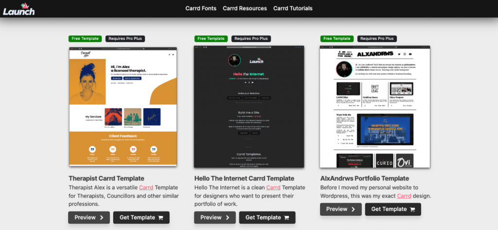 Screenshot of templates carrd co