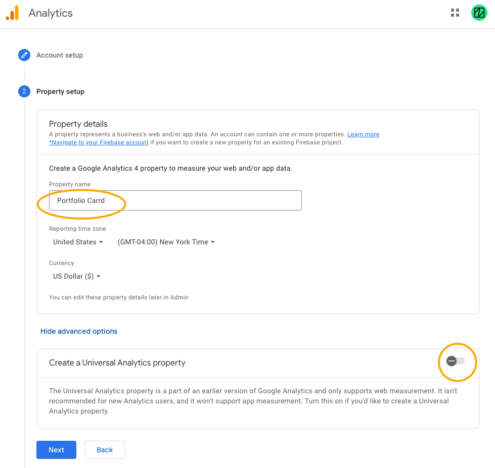 Screenshot Google Analytics, GA4, Account creation, Property name