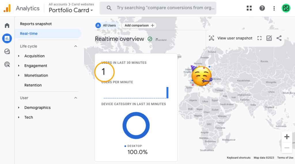 Screenshot, real time Carrd analytics with GA4