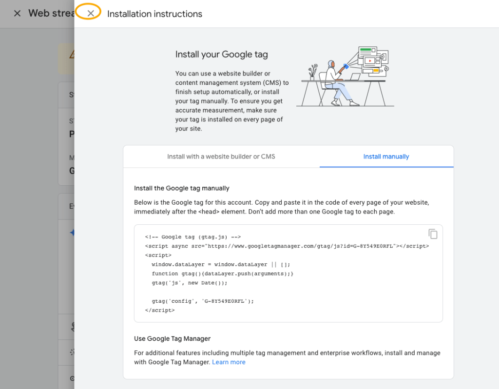 Screenshot Google Analytics, GA4 Tag instructions