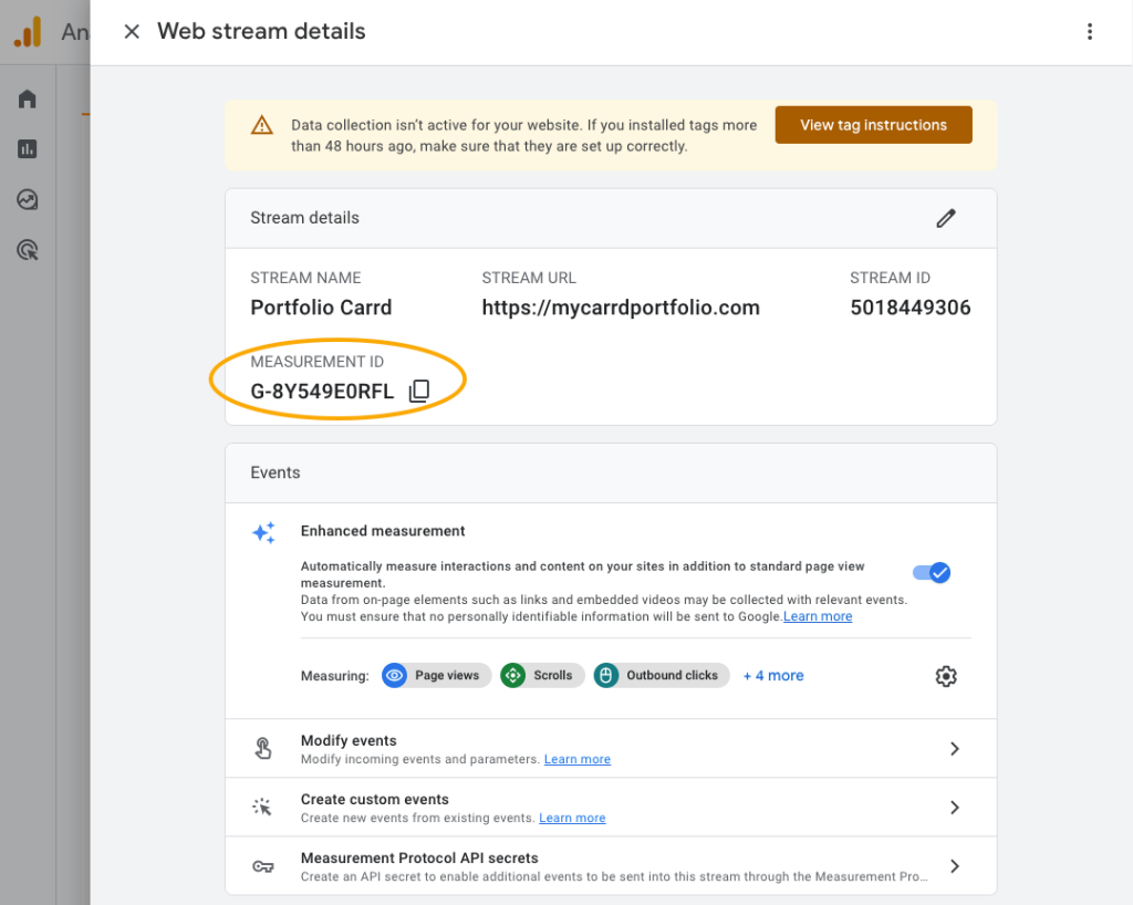 Screenshot GA4, Measurement ID for Carrd set up