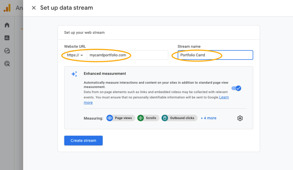 Screenshot GA4, set up web stream creation