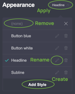 annotated screenshot of carrd element style selector