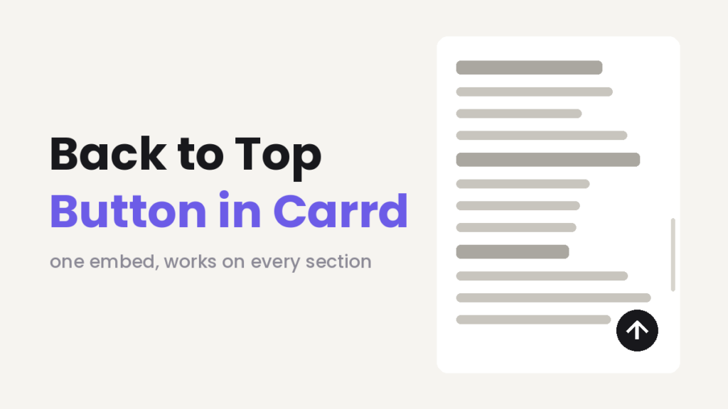 Illustration of a page mockup with a round floating back to top button in the corner, next to the title Back to Top Button in Carrd