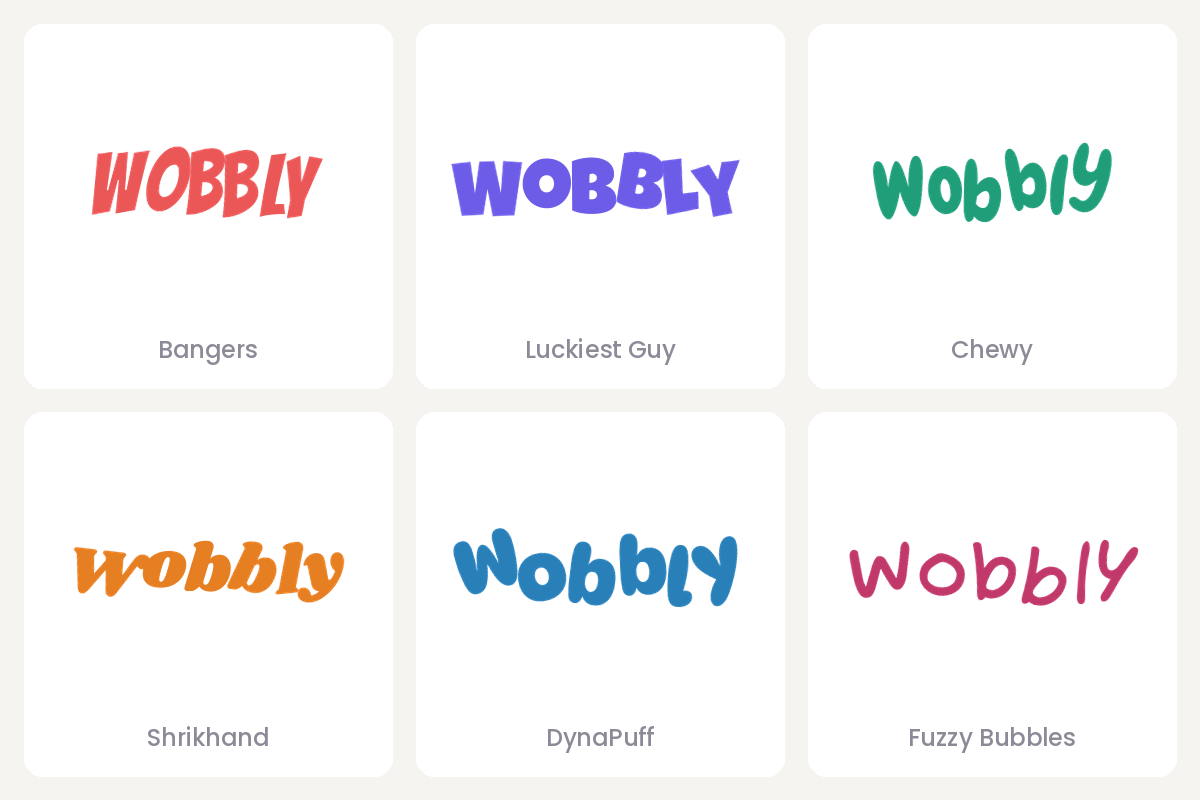 The wobbly text effect shown in six playful Carrd fonts: Bangers, Luckiest Guy, Chewy, Shrikhand, DynaPuff and Fuzzy Bubbles