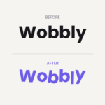 Before and after comparison: a straight headline vs the same word with wobbly rotated letters