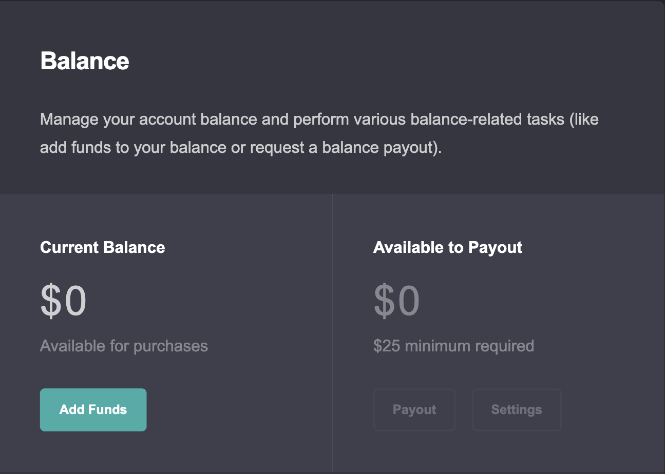 Carrd Account → Balance page showing a current balance of $0 available for purchases, an Add Funds button, and a separate referral payout section with a $25 minimum