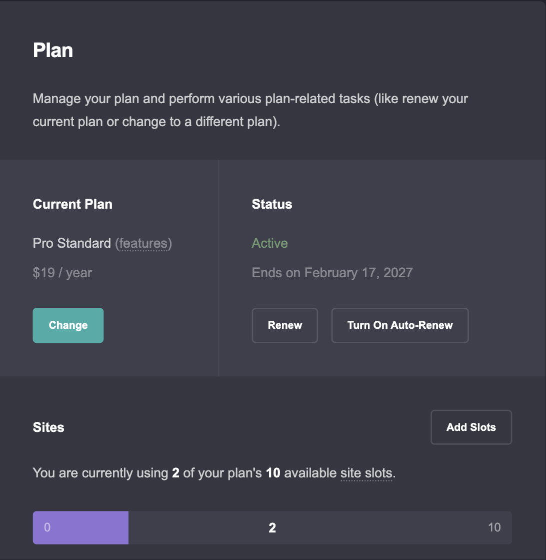 Carrd Account → Plan page for Pro Standard at $19 a year, showing the plan end date, Renew and Turn On Auto-Renew buttons, and 2 of 10 site slots in use