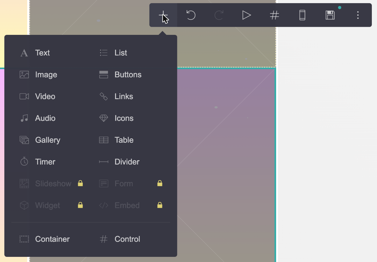 Carrd’s Add Element menu on the free plan with Slideshow, Form, Widget and Embed locked