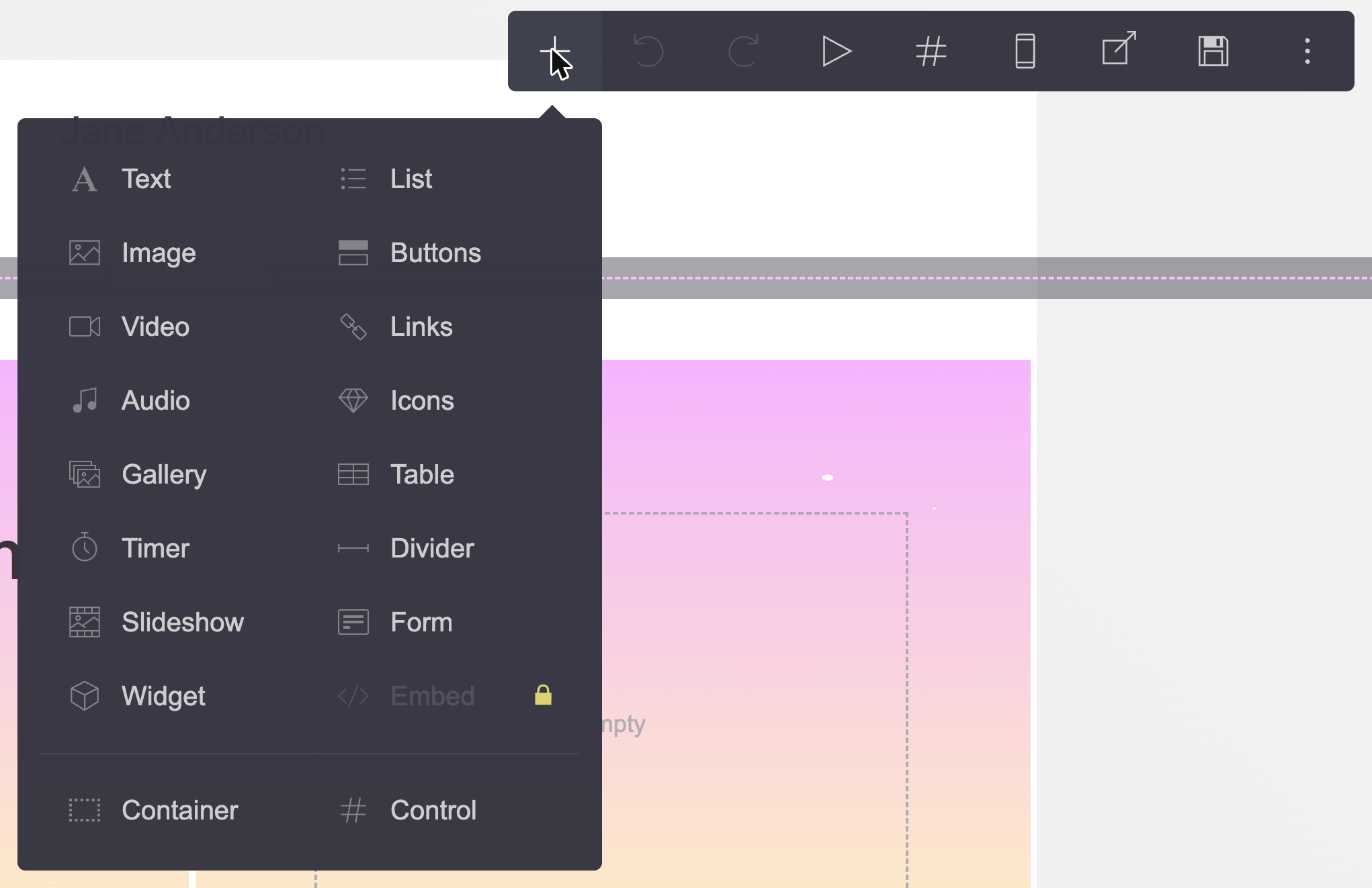 Carrd’s Add Element menu on the Pro Trial: Slideshow, Form and Widget unlocked, Embed still locked