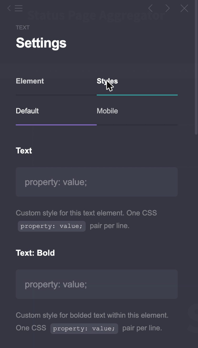 Settings → Styles tab on Pro Plus: a custom CSS field for one text element, one property: value pair per line