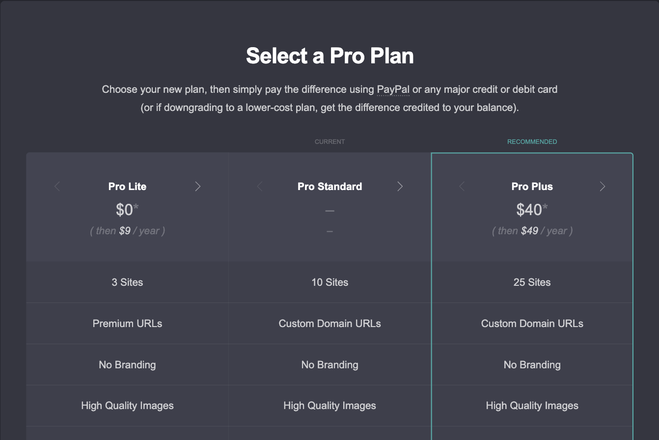 Carrd’s Select a Pro Plan page from a Pro Standard account with about five months left: Pro Lite shows $0 then $9 a year, Pro Plus shows $40 then $49 a year
