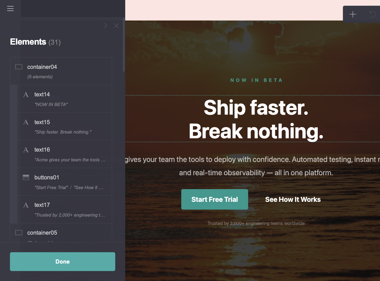 Carrd’s Elements panel showing “Elements (31)” for a simple landing page with a hero, three text blocks, buttons and a footer