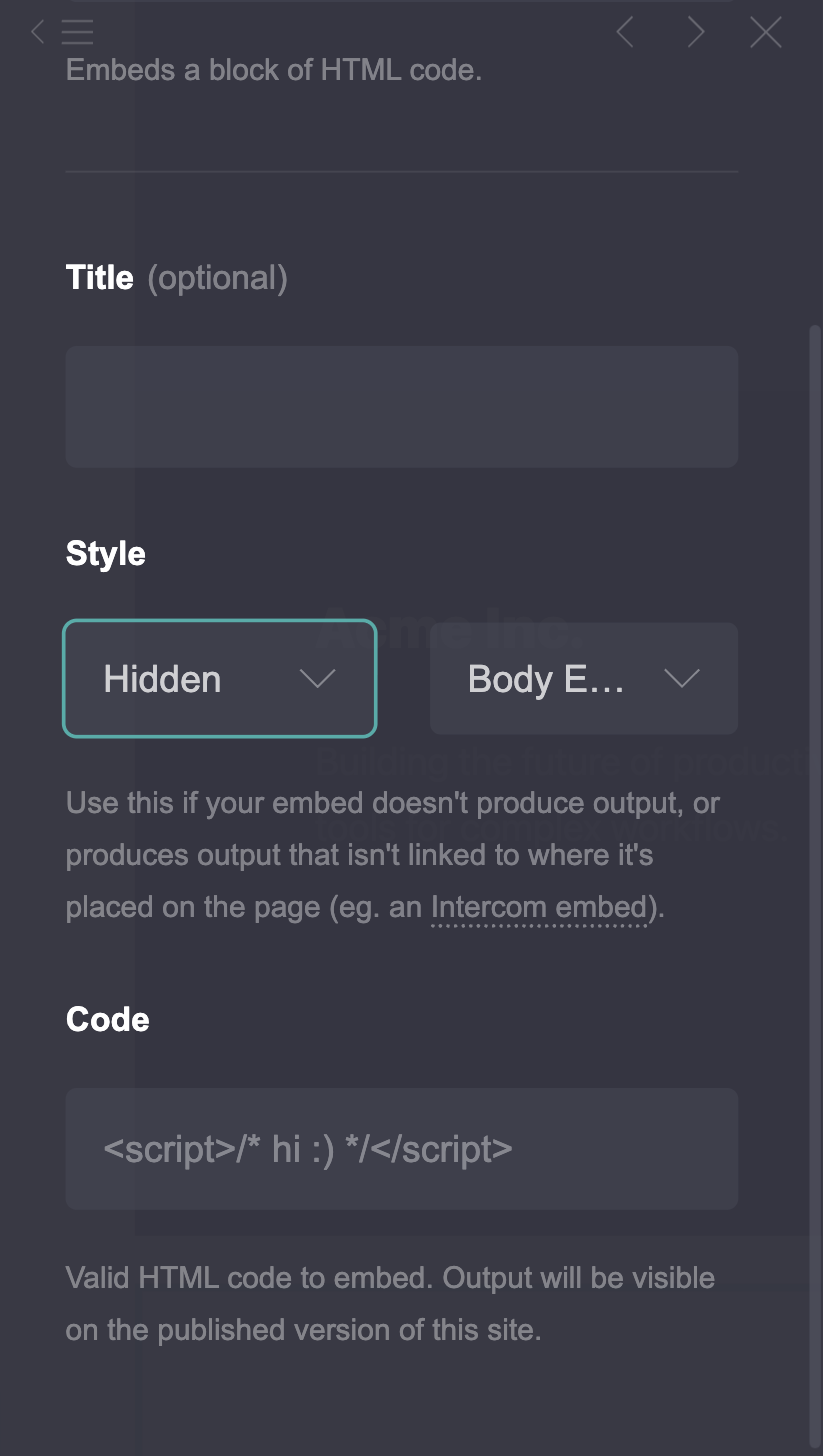 Carrd’s Embed element settings with Type set to Code, Style set to Hidden and location set to Body End