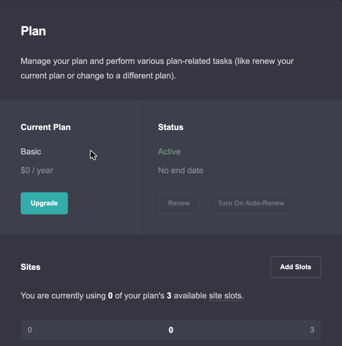 Account → Plan on Carrd’s free Basic plan: $0 a year, no end date, 0 of 3 site slots used