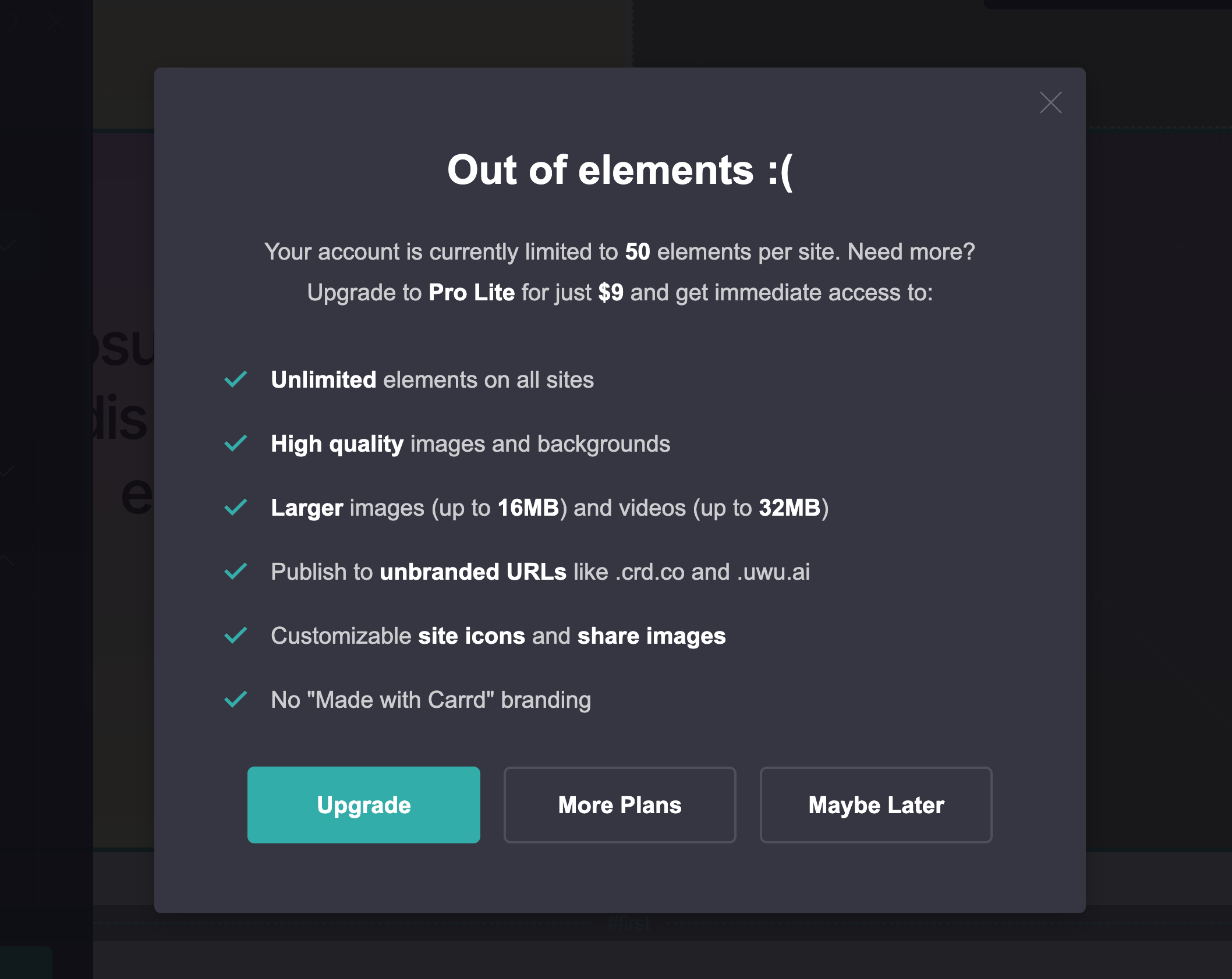 Carrd’s “Out of elements :(” modal on a free site: your account is limited to 50 elements per site, with an Upgrade to Pro Lite for $9 button