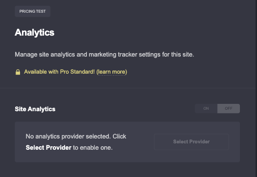 Carrd’s Analytics page after the trial lapsed: locked, “Available with Pro Standard”, no analytics provider selected