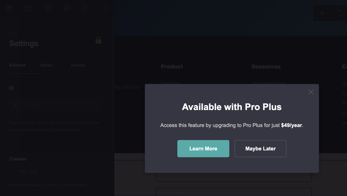 Carrd’s upgrade prompt reading “Available with Pro Plus. Access this feature by upgrading to Pro Plus for just $49/year”, with Learn More and Maybe Later buttons
