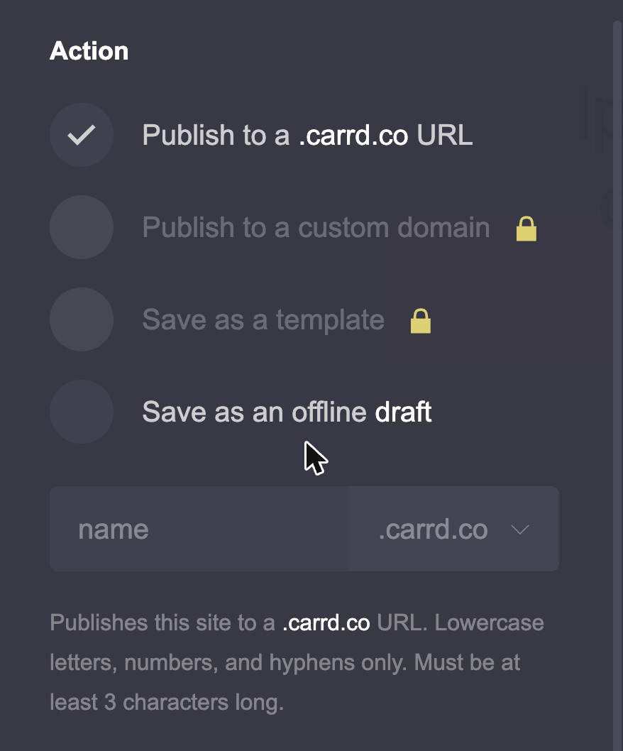 Carrd’s Publish panel on the free plan: Publish to a .carrd.co URL available, Publish to a custom domain and Save as a template locked
