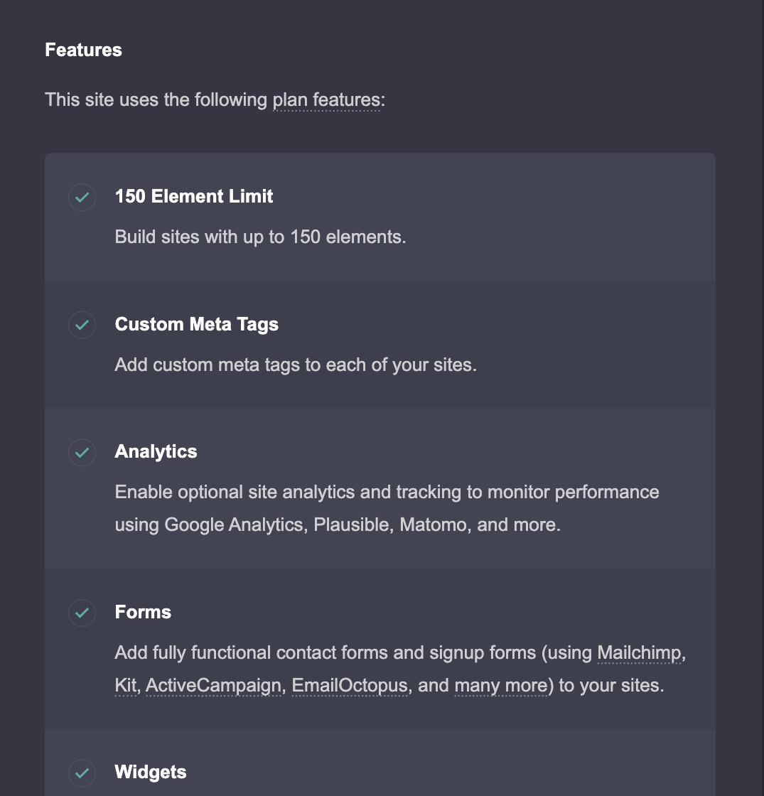 Carrd’s site Overview page listing the plan features a site uses: 150 Element Limit, Custom Meta Tags, Analytics, Forms, Widgets