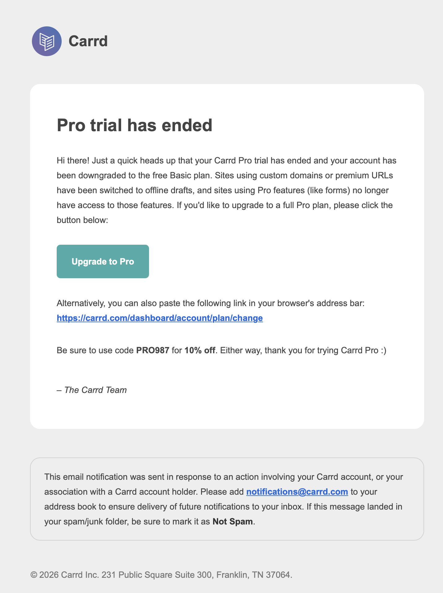 Carrd’s “Pro trial has ended” email: account downgraded to Basic, custom-domain sites switched to offline drafts, sites using Pro features lose access, with a 10% off code