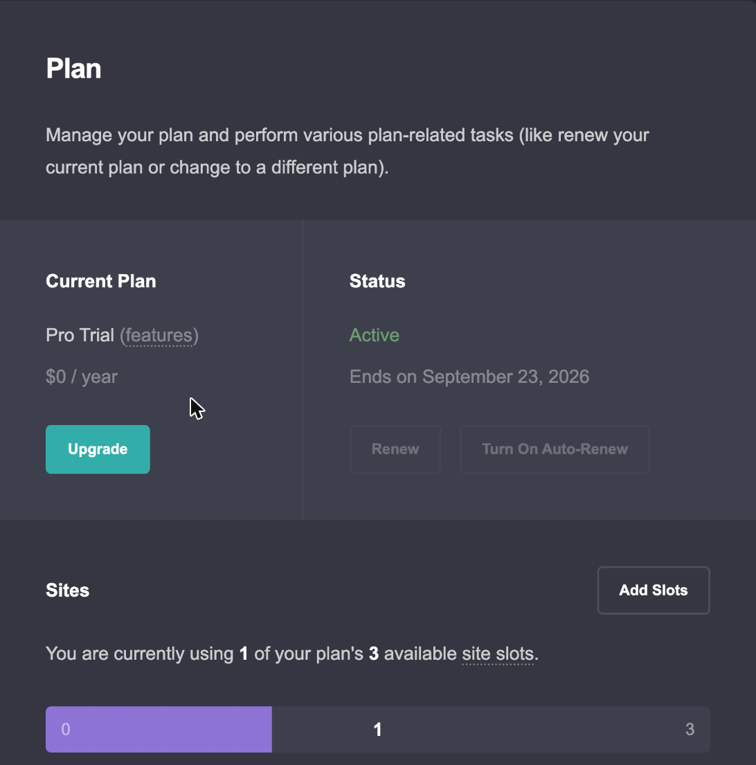 Account → Plan during Carrd’s Pro Trial: $0 a year, ends on September 23, 2026, 1 of 3 site slots, Renew and Auto-Renew greyed out
