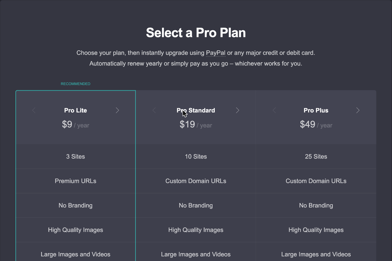 Carrd’s Select a Pro Plan page seen from a free account: Pro Lite $9, Pro Standard $19 and Pro Plus $49 a year, payable by PayPal or card, auto-renew yearly or pay as you go